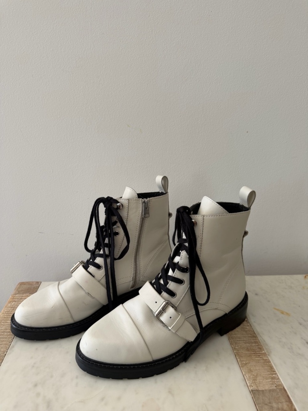All Saints White Lace-Up Combat Boots with Black Laces